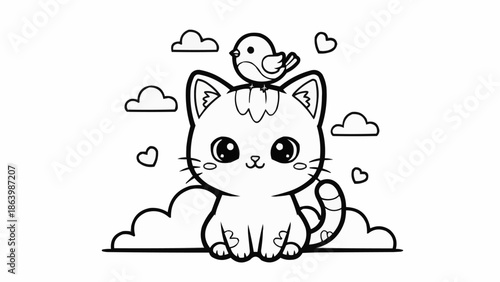 Cute cartoon cat with a bird on its head coloring page.