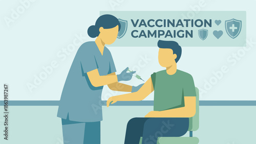 Vaccination campaign with nurse giving injection to patient, illustration