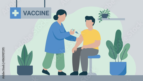 Man receiving vaccine shot from medical professional in clinic
