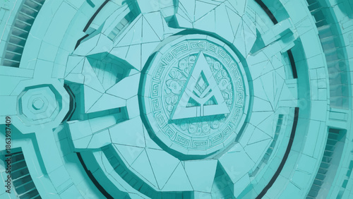 Illustration Of A Large Geometric Machine Breaking Down Ancient Symbols Into Polygon Data Lines Vector Design Template