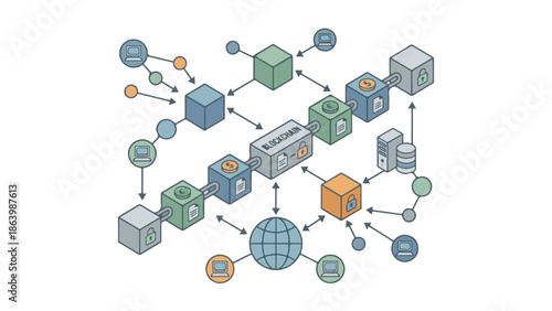 Blockchain technology network illustration with linked data blocks and devices