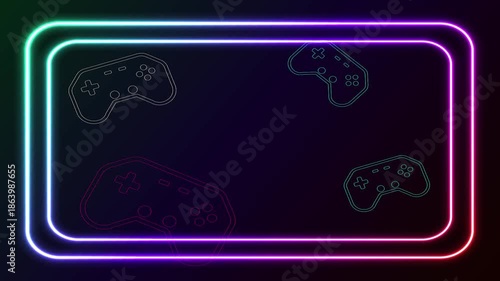 Neon music player icon, press start video game player on game background	