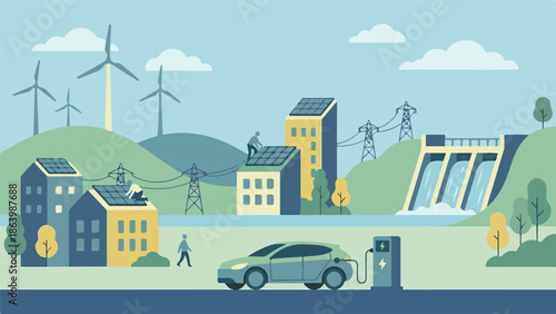 Eco-friendly urban landscape with solar, wind, hydro energy and EV charging