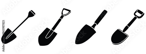 Garden Shovel Vector Icon Set – Outline, Flat and Silhouette Spade Tools Isolated on White Background 
