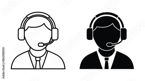 Two customer support icons featuring headset-wearing representatives, one line art and one solid silhouette. Ideal for call centers, help desks, and service design projects.