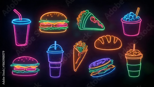Vibrant neon food icons set including burgers, fries, and drinks