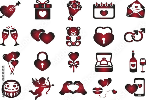 A collection of romantic icons representing love and relationships, including hearts, gifts, rings, and champagne, perfect for Valentine's Day or wedding themes