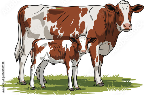 Cow and calf illustration, farm animal artwork, livestock drawing, agricultural design, rural nature element, domestic cattle image, protective mother, baby