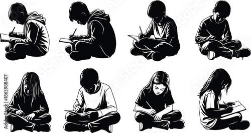 Children drawing and writing silhouettes set, creative kids education activity vector illustration, students 