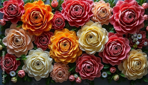A stunning wall covered in a variety of roses in vibrant shades of orange, yellow, and pink, surrounded by delicate greenery and petite blossoms, evoking a sense of joy and warmth Generative AI