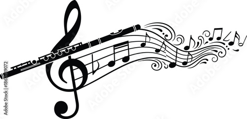 Flute with flowing musical notes and treble clef, elegant music harmony concept, black vector illustration isolated on white background, for creative design