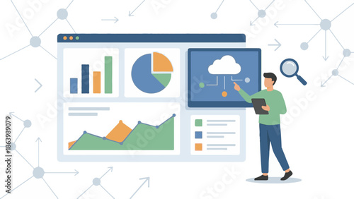 Man analyzing business data on dashboard with cloud technology and network