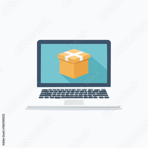 Laptop displaying delivery box icon for online shopping and e commerce concepts