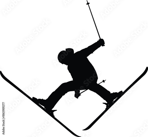 Freestyle skier silhouette performing aerial jump with ski poles, dynamic winter sports action, black and white extreme skiing vector illustration