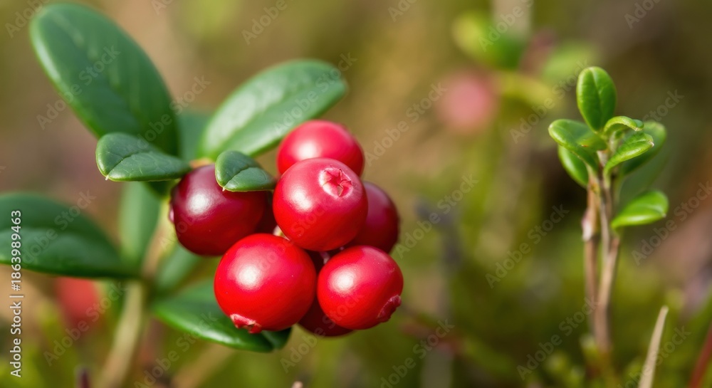 Obraz premium Lingonberry cluster on glossy green leaves in shallow forest background