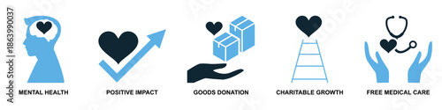 Set of charity donation icon vector for fundraising apps. Ideal for philanthropy, volunteering, giving money, food drives, and non-profit organization symbols.	