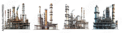 Industrial Complex with Large Oil Refinery and Chimneys in Operation, PNG bundle collection, Isolated on Transparent Background