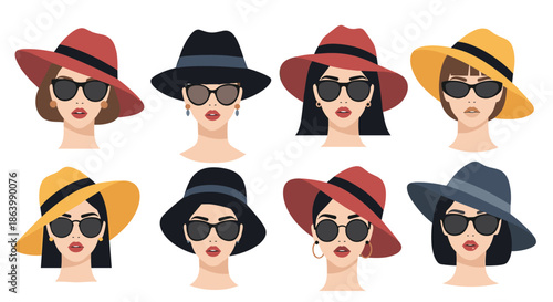 Diverse collection of stylish women wearing different colored wide brim hats and sunglasses in a chic fashion portrait set.
