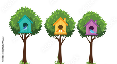 Three colorful birdhouses in blue yellow and purple hanging on lush green trees with small birds resting and feeding.