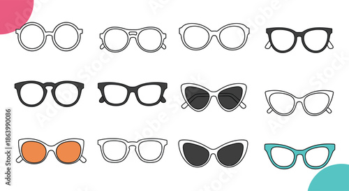 Diverse collection of eyeglass and sunglass frame styles in various shapes and colors ranging from classic to modern designs.