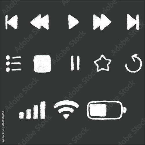 Media Control Icons Vector, Hand Drawn Player Buttons, Simple Interface Symbol Set