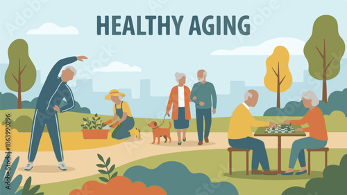 Healthy aging concept with active seniors enjoying various outdoor activities
