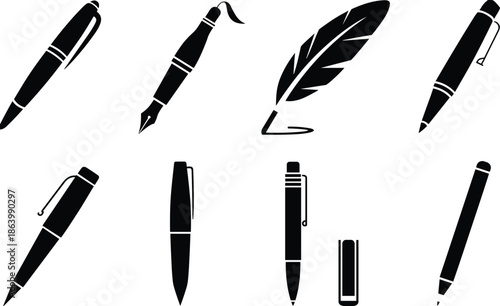 Set of black writing pens and quill vector illustration isolated on white background for calligraphy stationery design projects collection