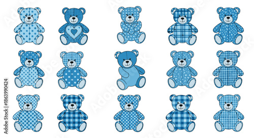 Collection of fifteen cute blue teddy bear characters decorated with different patterns like dots stripes and plaid.