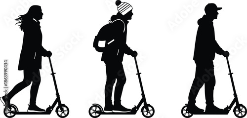 People riding kick scooters silhouette set, urban commuting lifestyle concept, black and white vector illustration isolated on white background, for mobility, transport, and city travel