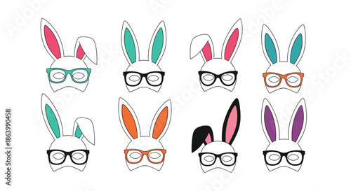 Collection of cute white bunny head masks wearing different styles of colorful glasses in a fun and whimsical design set.