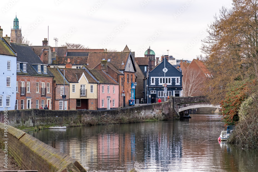 Fototapeta premium View down Quayside and the River Wensum towards Fye Bridge in the city of Norwich