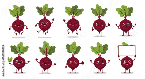 Collection of ten cute beet characters with happy faces and different active poses for food graphics and healthy eating themes.
