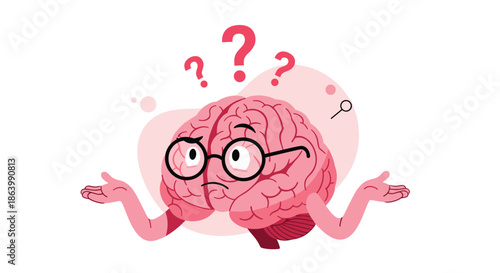 Puzzled cartoon brain character with glasses and question marks against a soft pink background for psychology and education.