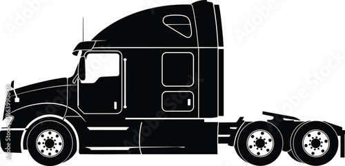 Semi truck tractor silhouette side view, modern heavy duty freight transport vehicle, commercial logistics trucking, black vector illustration isolated on white for transportation design