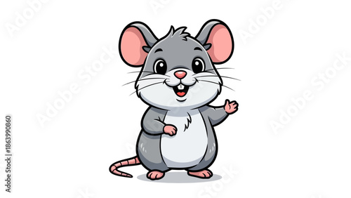 Cartoon grey mouse character smiling and gesturing.