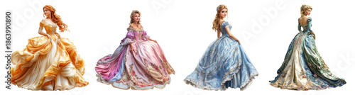 Elegant Ladies in Flowing Gowns Showcasing Timeless Fashion Styles, PNG bundle collection, Isolated on Transparent Background