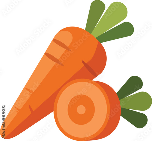 Bright orange carrot whole vegetable and cross section half with green leaves illustrating healthy nutritious food