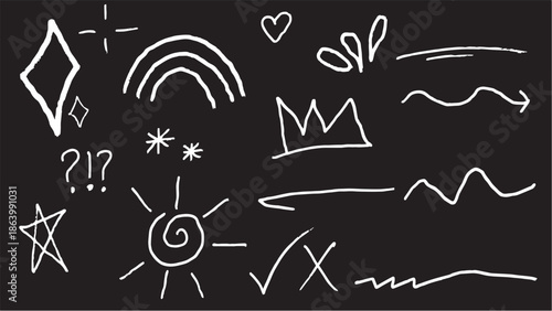 Abstract Chalk Doodle Vector, Hand Drawn White Sketch Icons, Blackboard Style Illustration
