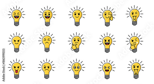 Large set of fifteen yellow light bulb characters displaying a wide range of facial expressions and emotions, ideal for creative ideas or icons.