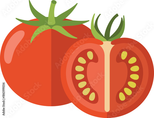 Ripe tomato cut in half next to whole tomato vector illustration