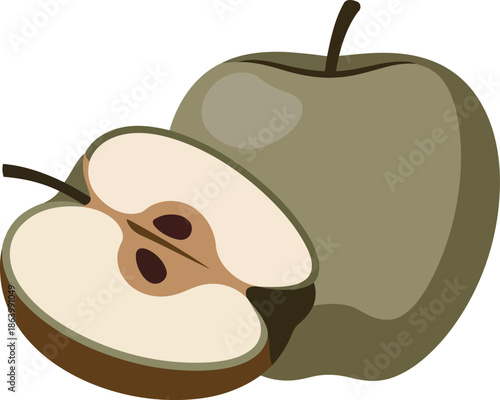 Whole and half green apple on transparent background