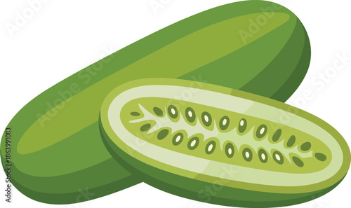 Whole and half green elongated vegetable with many seeds