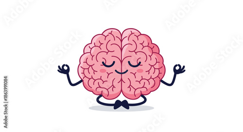 Pink human brain character sitting in a cross legged yoga pose practicing meditation to achieve mental health and mindfulness.
