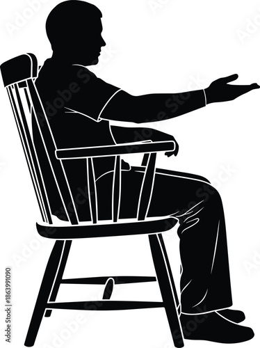 Silhouette of a man sitting in a wooden chair gesturing with his hand, male character resting and talking, black vector illustration, isolated.