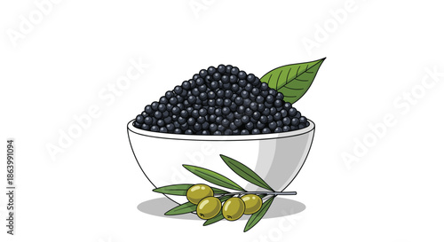 White bowl overflowing with premium black caviar accompanied by a fresh green olive branch with four olives on a clean minimalist background.