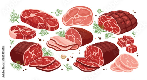Selection of raw meat cuts including steaks, roast pieces, and bacon slices garnished with fresh herbs and peppercorns on a white background.