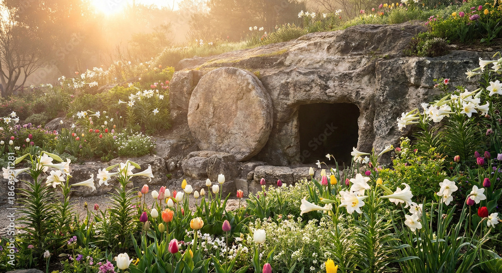 Naklejka premium Beautiful garden tomb with rolled away stone surrounded by blooming Easter lilies and colorful tulips at sunrise representing Resurrection