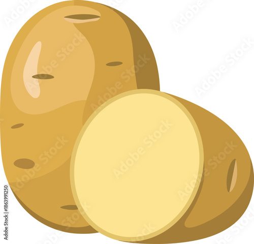 Whole potato and cross section half isolated on transparent background illustrating healthy root vegetable food source