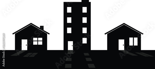 Urban neighborhood buildings silhouette vector illustration, residential houses and apartment block skyline, minimalist city architecture icon, isolated 