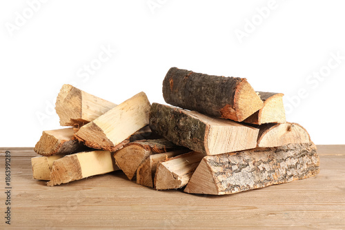 Stack of firewood logs on w...
